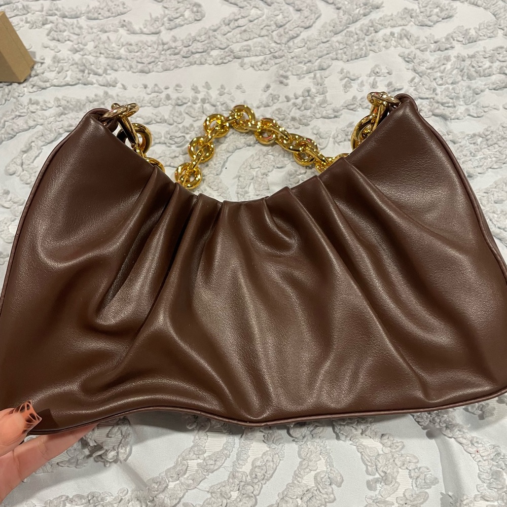 Elegant Brown Leather Bag with Gold Chain